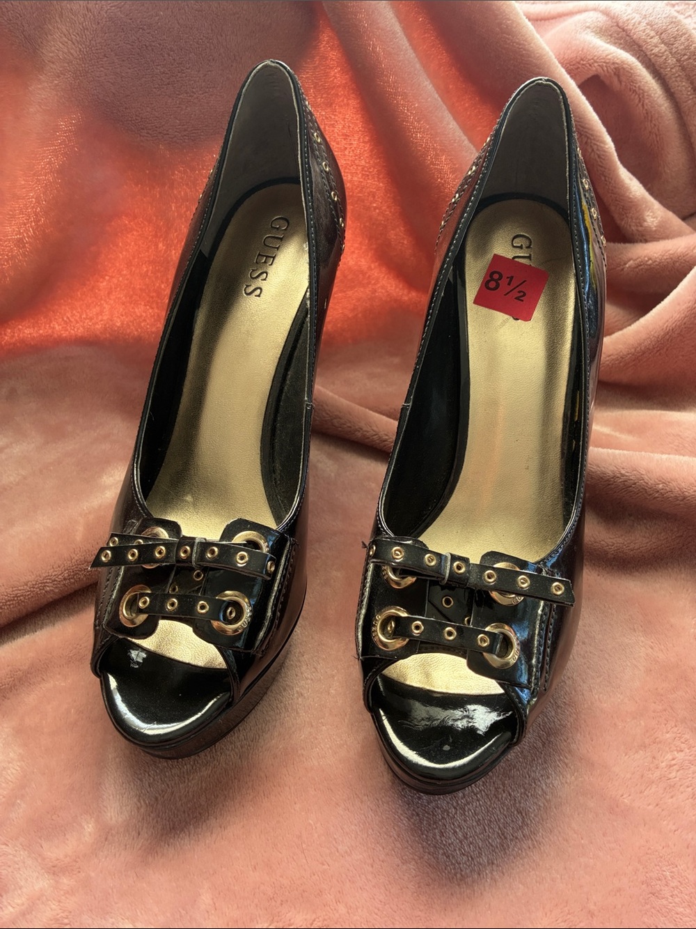 GUESS Black Patent Peep-Toe Heels with Gold-Tone Buckle Detail